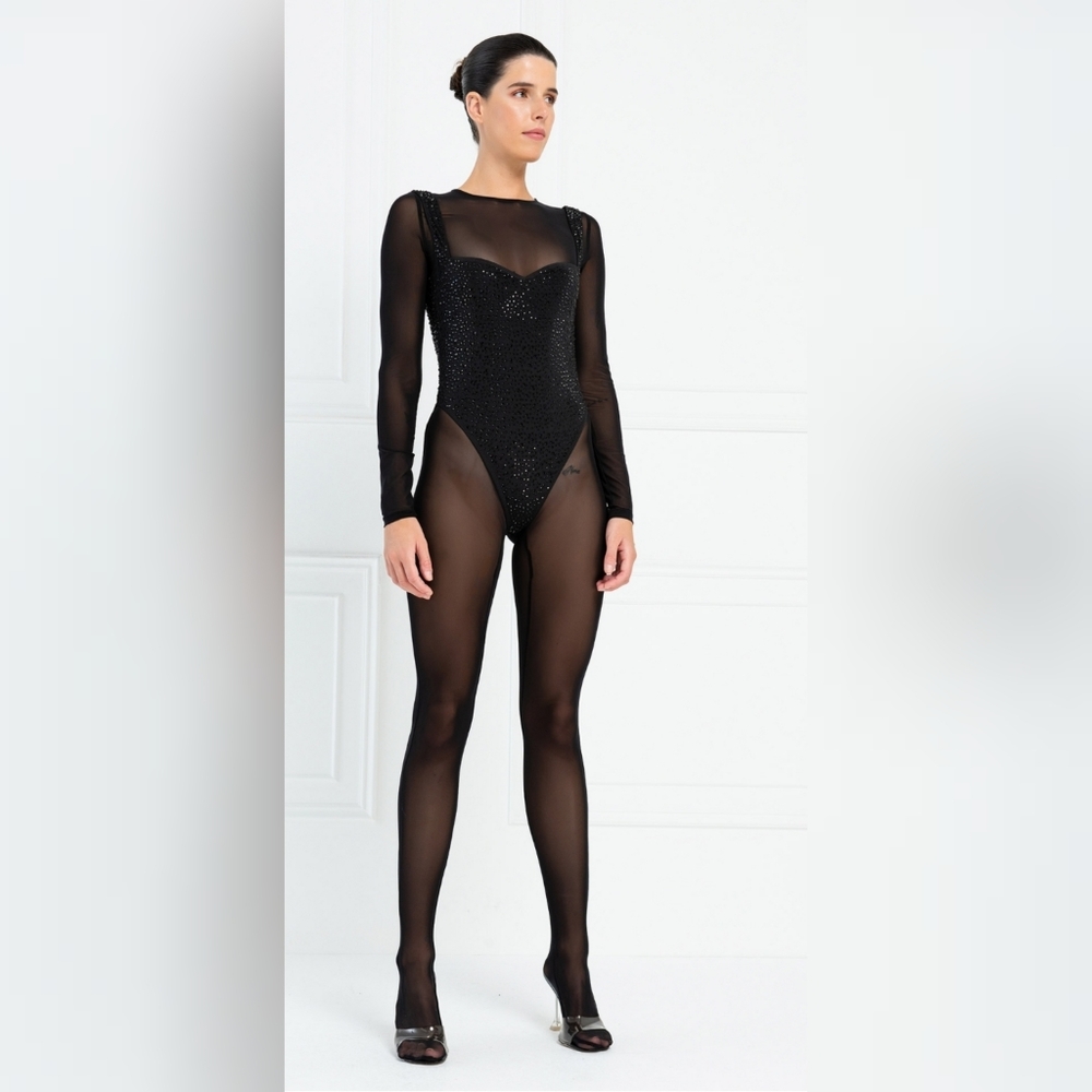 Sheer Black Embellished Catsuit